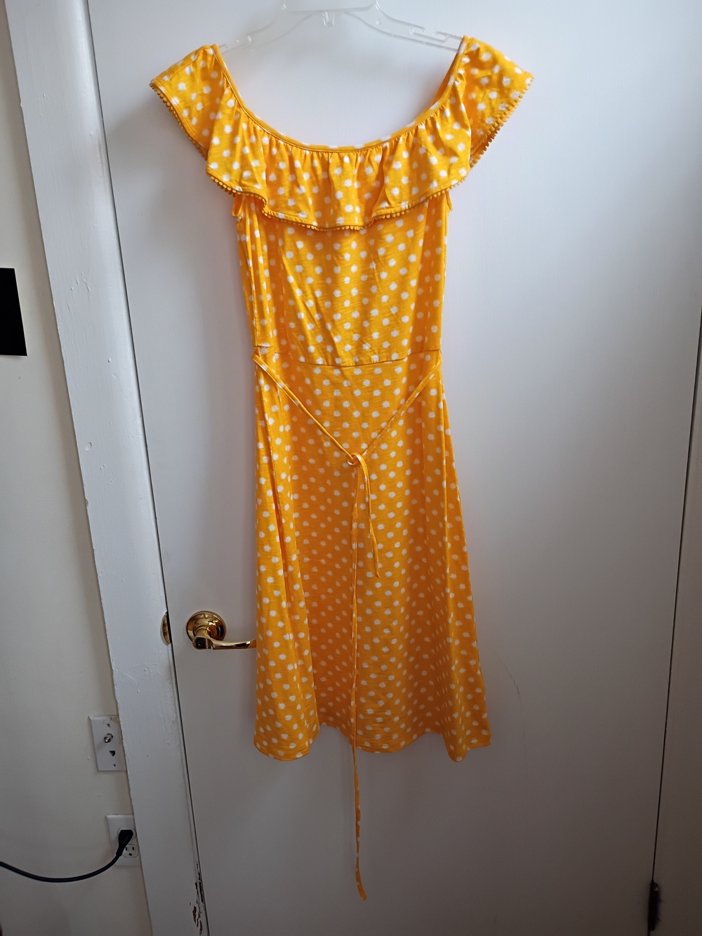 Boden Bethany Yellow Polka Dot Off-Shoulder A-Line Ruffle Dress